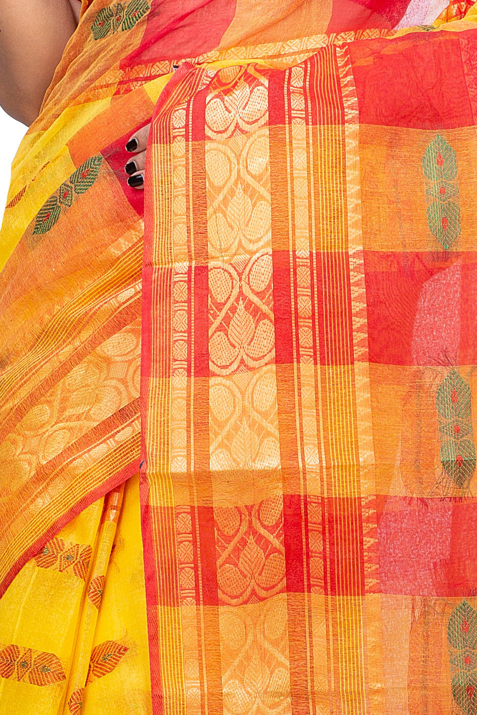 Yellow Red Pure Cotton Raj Nandi Desigine Tant Saree (2808)